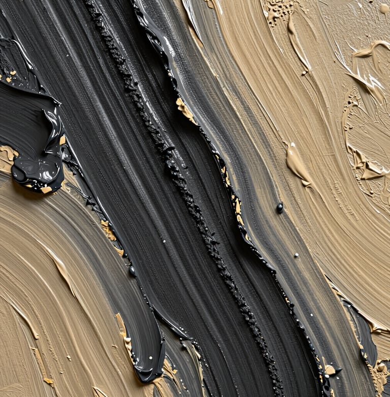 Detailed photography of oil paint texture on a canvas, showing ridges of dark charcoal and warm sand colors. The lighting is dramatic, highlighting the sculptural quality of the paint strokes.