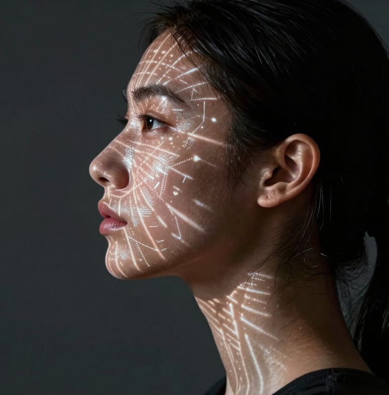 A side profile of a person with digital light patterns projected onto their skin. The patterns are geometric and sharp in steel slate. The composition is minimal, focusing on the intersection of human skin and digital light in a dark charcoal environment.