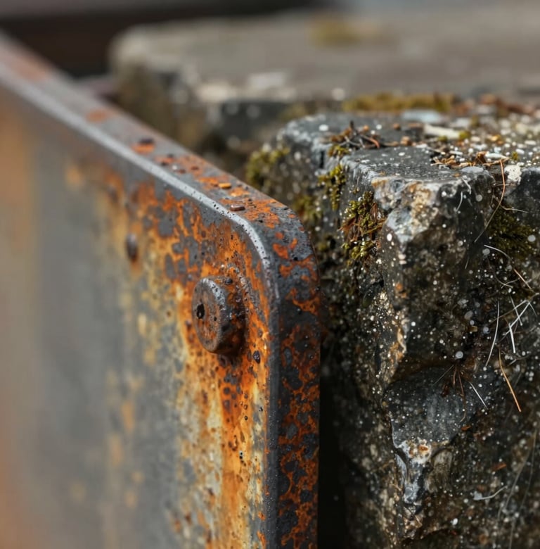 Macro shot of weathered industrial materials, focusing on the texture of rusted steel (#C1674E) meeting dark mossy stone (#6B705C). Cinematic lighting, shallow depth of field, sharp detail.