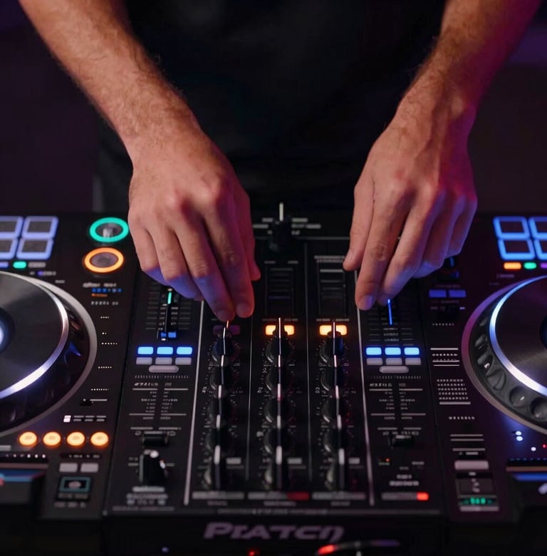 Top-down view of DJ decks and hands with #7A7CF1 glowing light reflections on buttons and sliders, professional dark equipment, nightlife atmosphere.