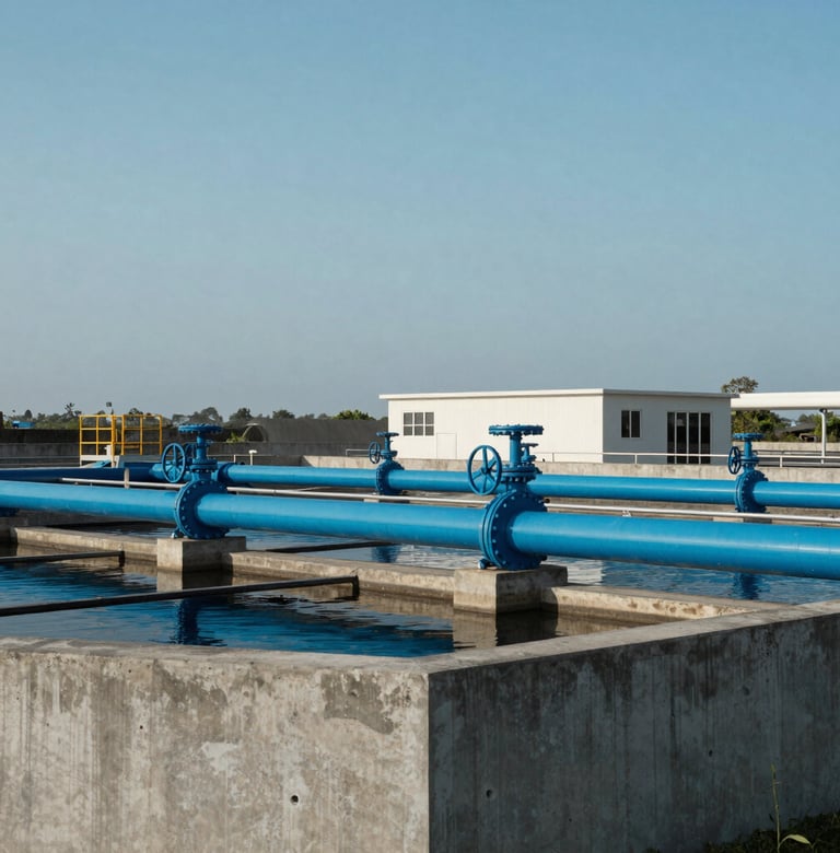 Modern infrastructure photography of a water treatment facility featuring blue steel pipes and concrete structures, minimalist composition under a clear sky in a Southeast Asian / Indonesian setting.