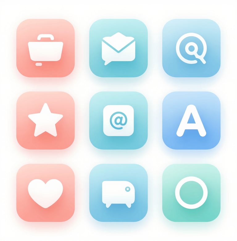 Detail of custom-designed icons for an educational app, featuring soft rounded edges and pastel gradients of #FFC6A6 and #A6D1FF on a clean #FFF9F7 surface.