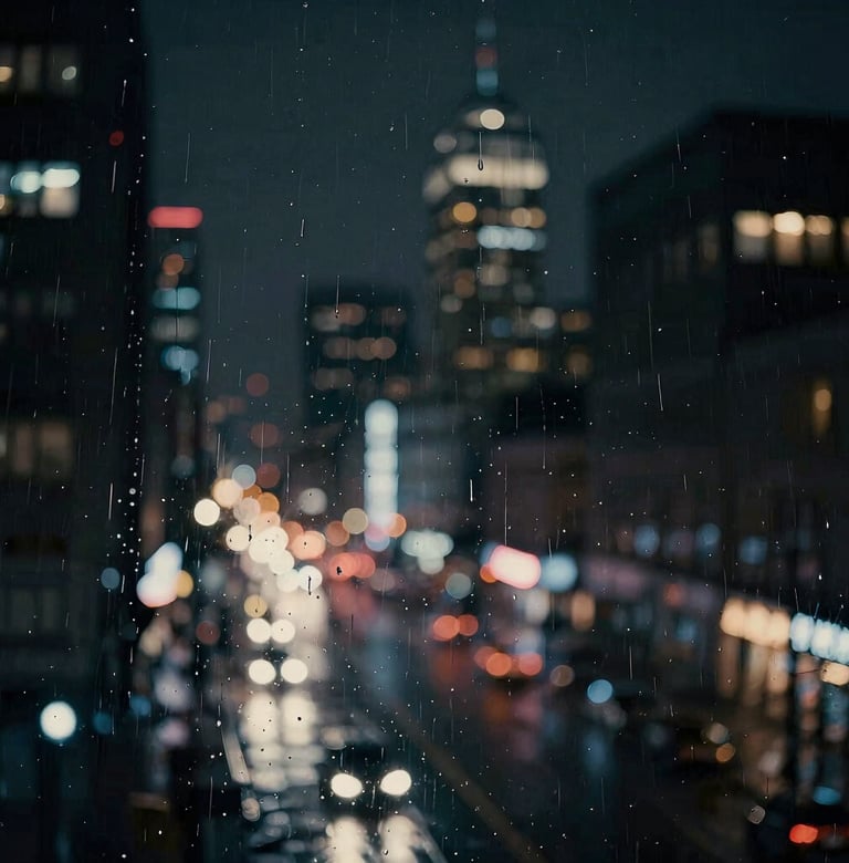 A cinematic shot of blurred city lights through a rainy window at night in a North American city. Deep black and charcoal tones with streaks of off-white light. Evocative, modern, and moody atmosphere.