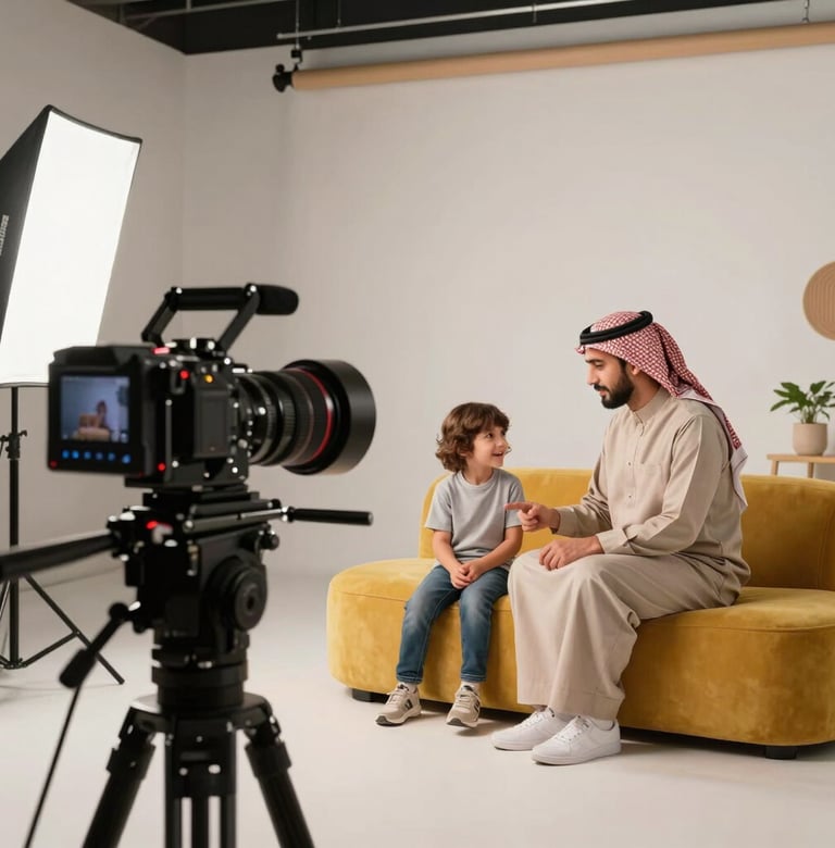 Behind the scenes of a 360 video shoot for a child's birthday in a modern studio. The equipment is sleek and professional. The scene shows a warm interaction between parent and child in a Middle Eastern / Turkish setting with mustard yellow decor elements.