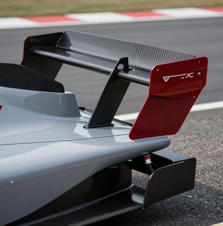 Extreme close-up of a carbon fiber aerodynamic wing on a modern race car, light gray and deep red accents, professional trackside studio lighting, sleek and sharp.