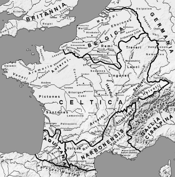 Map of Gaul at the start of the Roman war showing tribal names