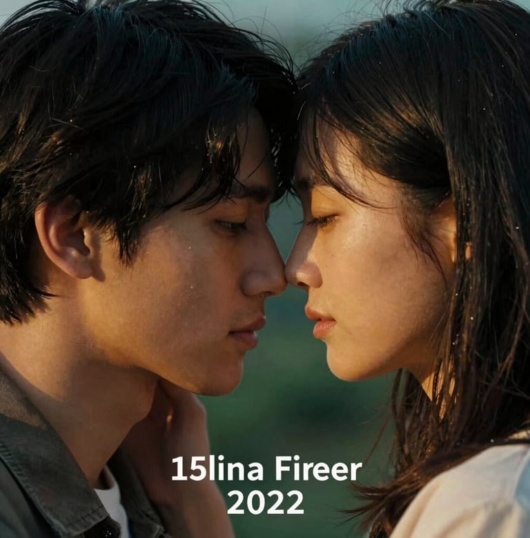 A quiet, cinematic moment of a couple whispering and leaning their foreheads together. The lighting is warm and directional, creating a soft glow on their faces, with hints of teal green in the environment.