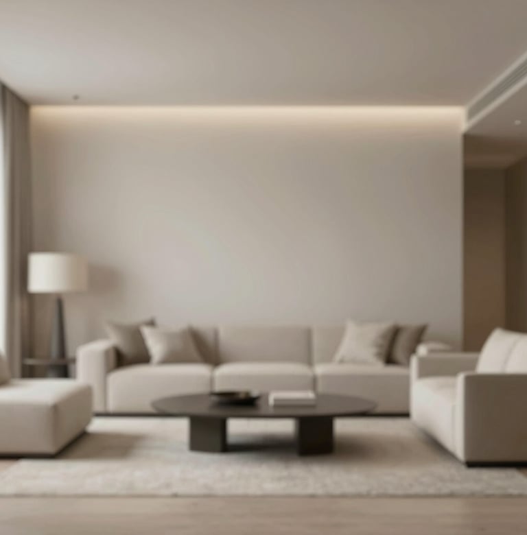 An interior shot of a minimalist living space with high-end furniture, featuring a neutral color palette of beige and light gray, with soft lighting and sophisticated atmosphere.