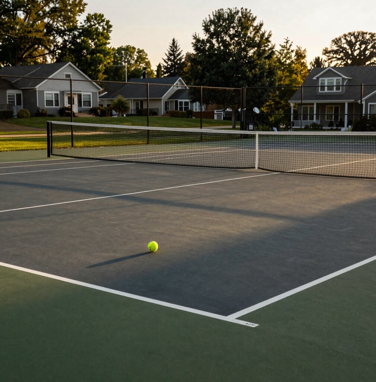 Photography of an outdoor tennis court in a quiet North American neighborhood during golden hour, long shadows across the court, a single tennis ball near the net, serene and focused atmosphere.