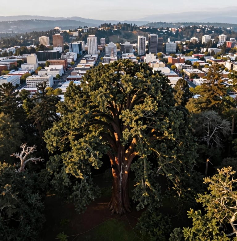 A wide-angle aerial shot overlooking the dense canopy of an urban giant sequoia, with the city of Eugene and the surrounding hills of the US Pacific Northwest in the hazy background. The mood is serene and professional.