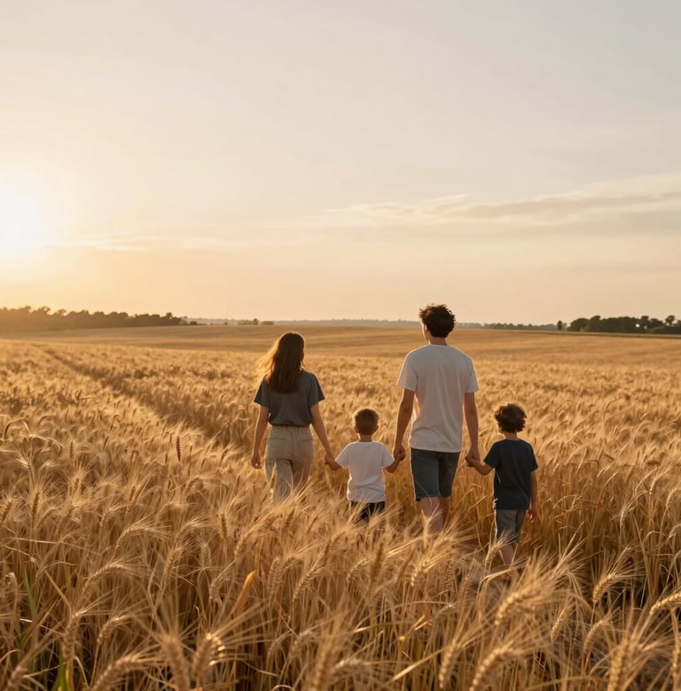 Wide cinematic shot of a family walking through a golden wheat field during sunset, European landscape, soft breeze, hazy warm atmosphere, natural and authentic storytelling style.