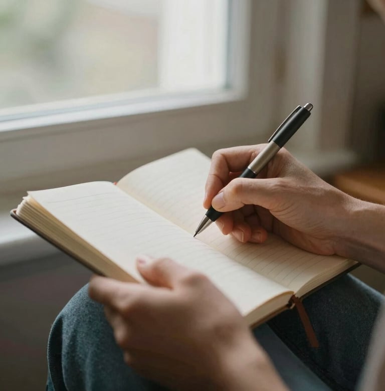 Close-up of hands writing in a worn notebook with a pen, soft natural window light, muted earth tones, authentic everyday domestic setting, 35mm, wide portrait aspect.