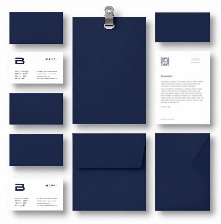 A top-down flat lay of graphic design elements: a corporate stationery set including business cards and letterheads with colors #0A1118 and #ECF0F1. Perfectly aligned, clean grid composition.