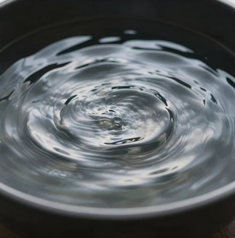 Abstract photography showing water ripples in a dark charcoal black basin. The peaks of the waves catch a soft cloud white light, creating a shimmering muted steel effect. Minimalist and calm.