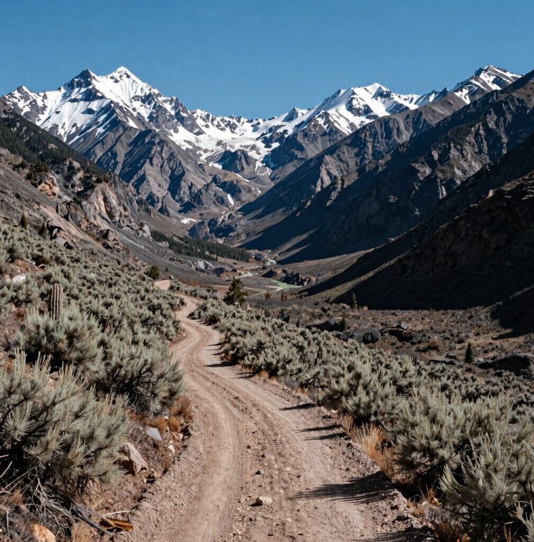 A panoramic view of a mountain valley in the North American West. The composition follows the rule of thirds, with a winding dirt track leading the eye towards snowy peaks. The lighting is clear and crisp, highlighting the textures of the sagebrush and the deep charcoal shadows of the valleys.