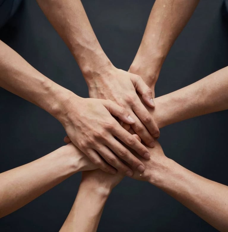 A symbolic image of hands coming together in unity. Professional studio lighting with a dark #1A1C20 backdrop and warm gold #A88B57 rim lighting on the hands.