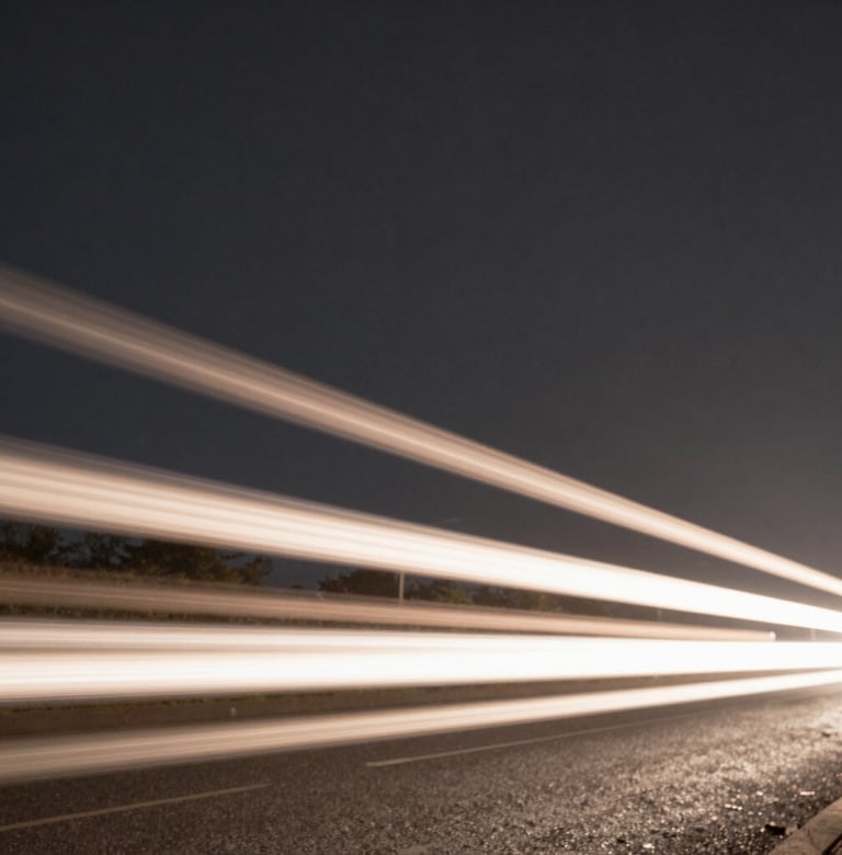 A creative long-exposure photograph of light trails at night. The streaks of light are a warm taupe and soft off-white, set against a deep dark slate grey background, giving a sense of fast, chaotic movement.