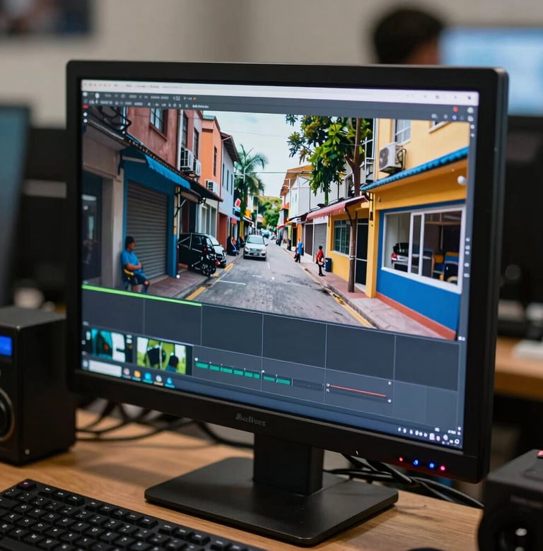 Close-up of a high-definition monitor in a Latin American / Hispanic production house, displaying a vibrant street scene, surrounded by professional tools in Steel Blue and Midnight Charcoal.