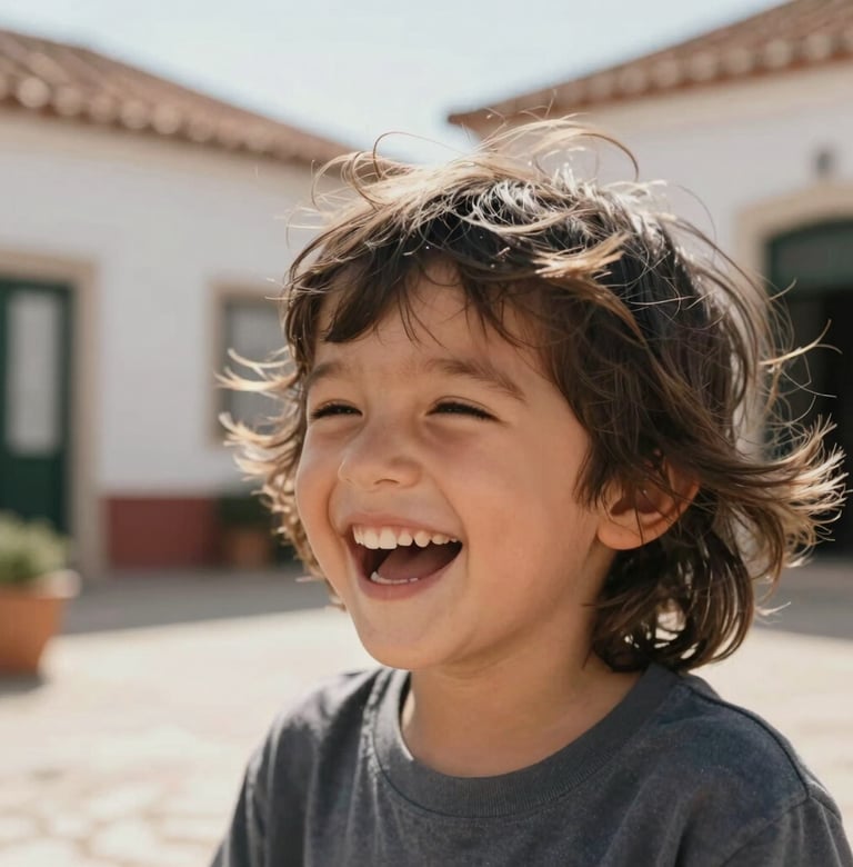 Close-up lifestyle photography of a child laughing, hair caught in the wind. Sunny Portuguese courtyard background. Soft charcoal and terracotta tones in the surroundings. Cinematic lighting.