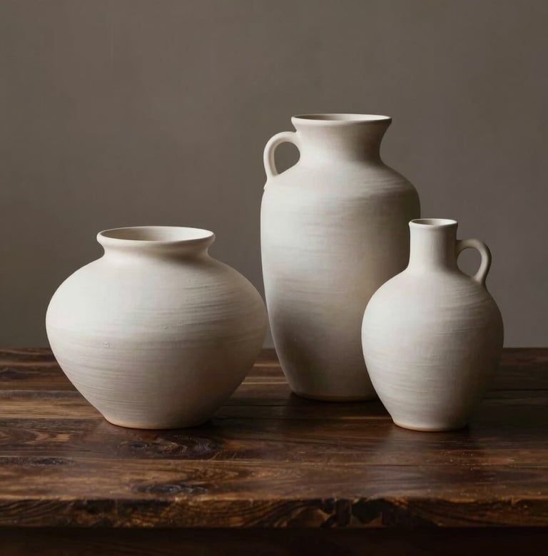 Minimalist composition featuring handmade ceramic vessels on a dark wooden surface. The scene is lit by soft side light, casting long shadows. Muted taupe and eggshell white color palette, sophisticated Latinoamericano aesthetic.