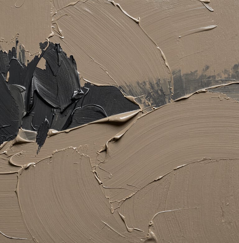 An extreme close-up of a landscape painting's surface. Visible thick impasto brushstrokes in warm taupe and dark charcoal. Professional studio lighting creates subtle highlights on the ridges of the paint.