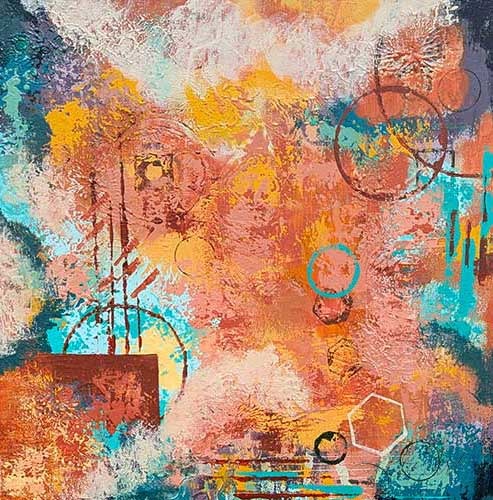 Painting, abstract, textured, in sienna, ochre, muted purples, and blue-greens