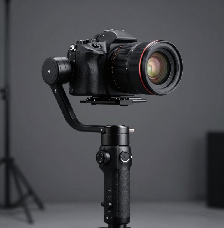 Minimalist close-up of a high-tech camera stabilizer and lens during a shoot in a sleek Brazilian industrial setting. Clean lines, dark grey and black palette, professional photography equipment aesthetic.
