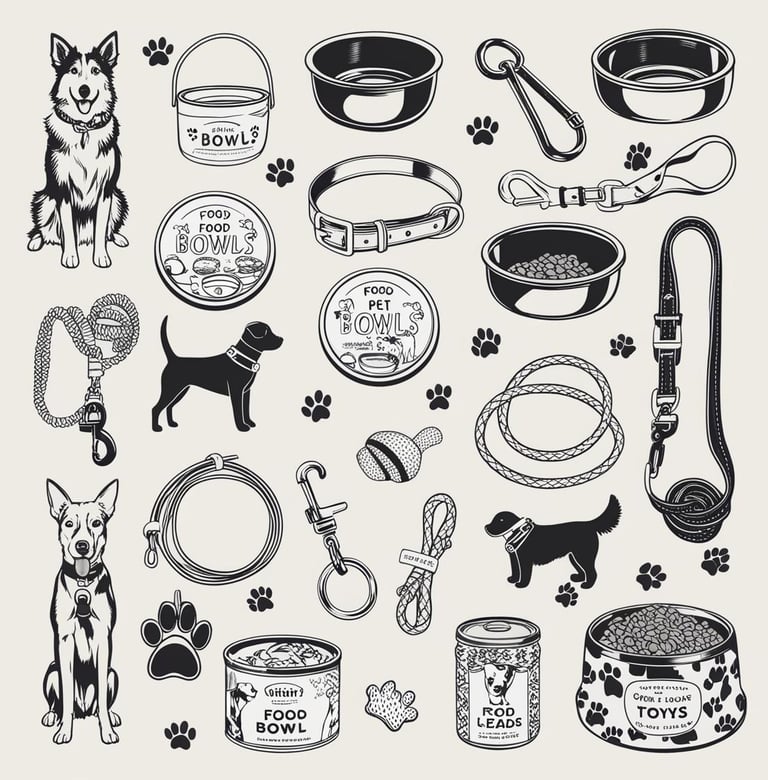 A selection of pet food and accessories neatly arranged