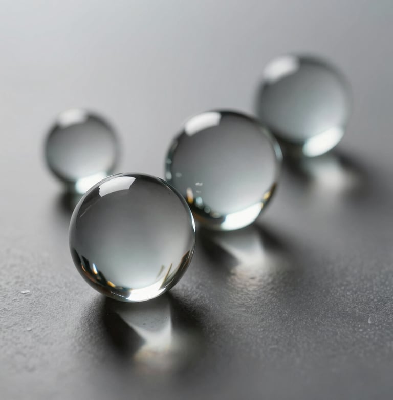 Abstract still life of glass spheres on a #AEAEA7 surface. Refractions of #F5F4F0 light create ethereal patterns. Sophisticated and artistic composition with deep #26211F contrasts. Professional minimalist photography.