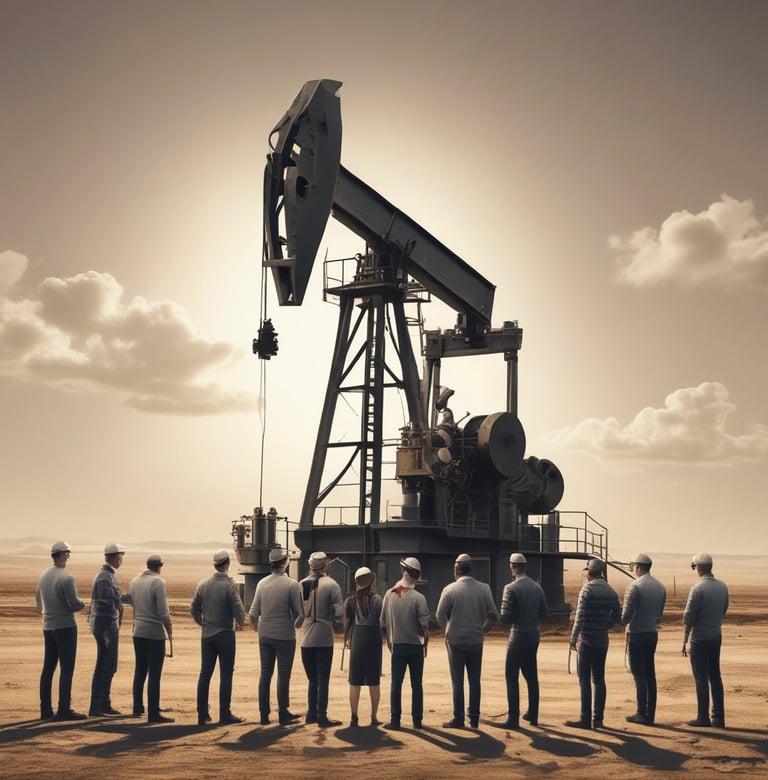 A group of people are gathered holding protest signs with names of various oil companies and countries, such as 'National Iranian Oil Co.', 'Nigerian National Petroleum Corp', 'Shell', and 'Russia'. The scene is set in an urban environment with historic architecture in the background. The individuals appear to be advocating for environmental issues related to fossil fuels.