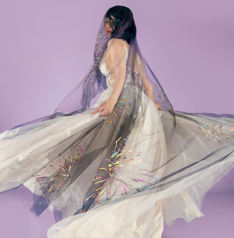 navy blue veil with firework painted streaks of bright multicolors