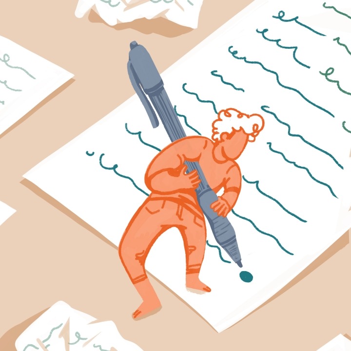 a man with a huge pen writing a point in a huge paper, surrounded by discarded notes