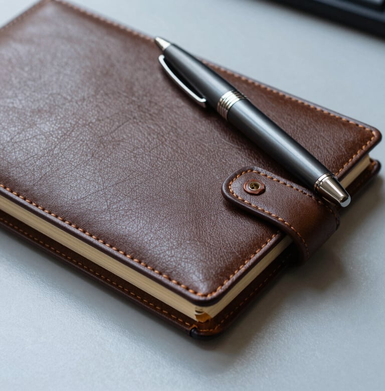 A detailed close-up of a high-quality leather planner and a luxury Dark Slate Grey pen on a Light Blue/Grey surface, representing organization and professional planning in a South American / Brazilian business context.