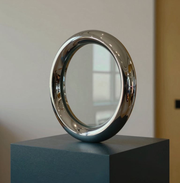 A sleek, contemporary sculpture made of polished metal and glass, reflecting the interior of a minimalist Northern European / Welsh / British studio. The sculpture sits on a deep charcoal teal pedestal, with subtle accents of golden ochre in the background.