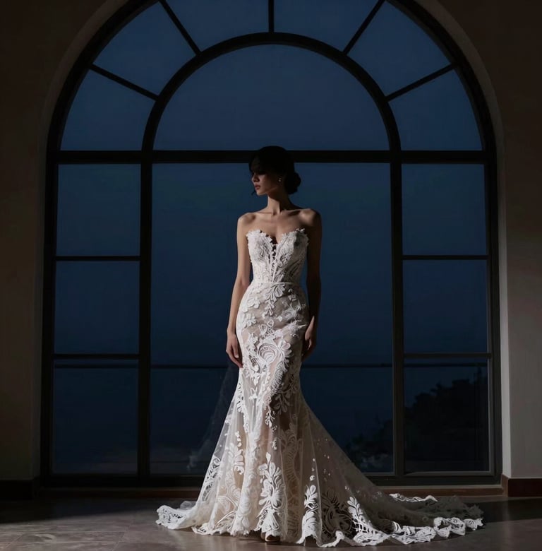 Artistic silhouette of a bride wearing a high-fashion lace gown, standing against a large arched window with a dark midnight blue background. Minimalist composition, emphasizing the delicate details of the dress and the elegance of the pose.