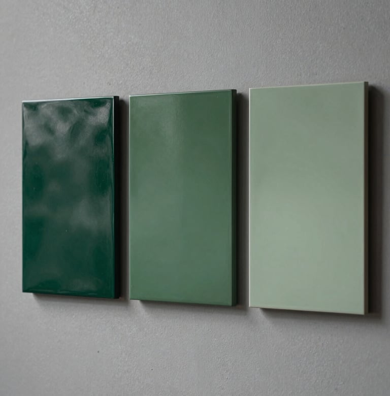 Photography of three square resin art panels from Series IV displayed in a row on a Soft Stone Grey wall, showing a gradient of Deep Forest Green to Muted Sage tones.