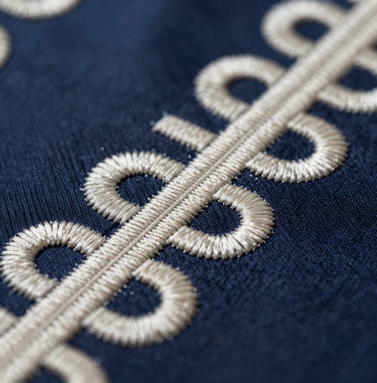 Macro photography showing the detail of intricate off-white embroidery and dark blue technical fabric. The lighting creates high contrast, emphasizing the sophisticated textures and cutting-edge craftsmanship.