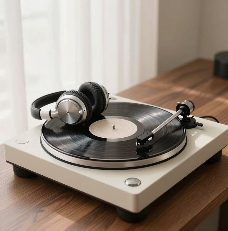 Minimalist photography of a classic vinyl record player and silver headphones on a wooden surface, soft morning light through a window, sophisticated and clean composition, cream and brown tones, International / Western.
