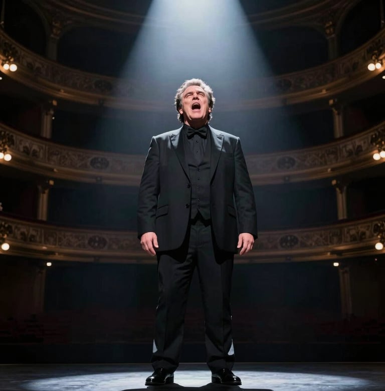 A dramatic stage shot of the tenor performing a powerful aria, illuminated by a sharp spotlight against the dark Antracite #262626 background of a historic opera house. The composition is dynamic and full of emotional intensity.