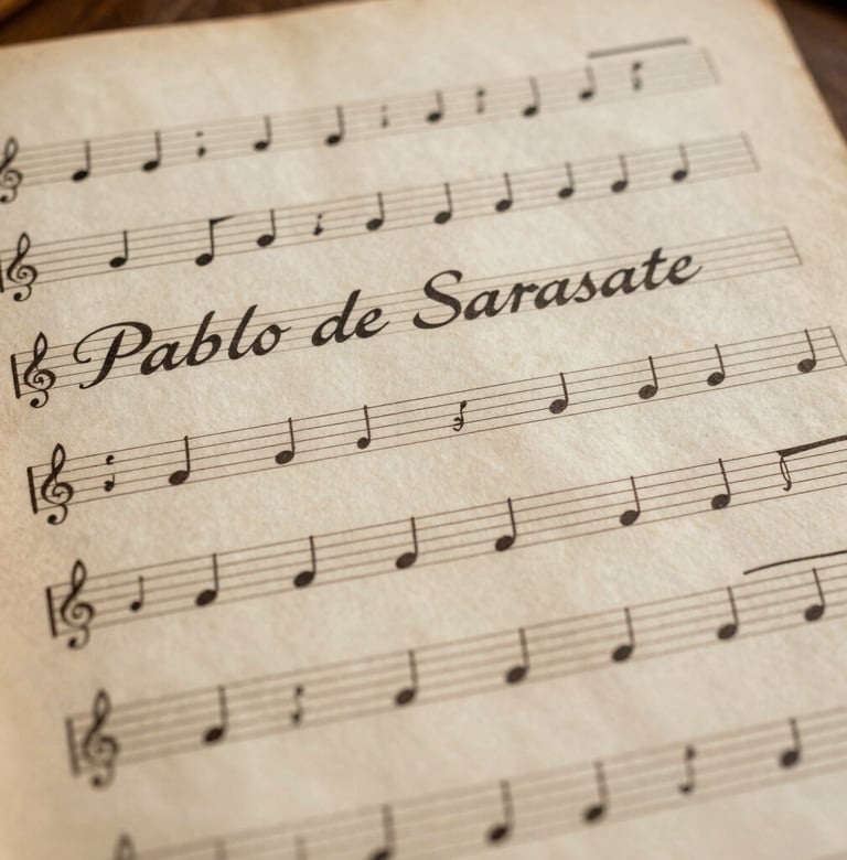 Detail of original handwritten musical scores by Pablo de Sarasate, aged paper texture, dark espresso ink, cinematic studio lighting, Southern European / Spanish historical context.