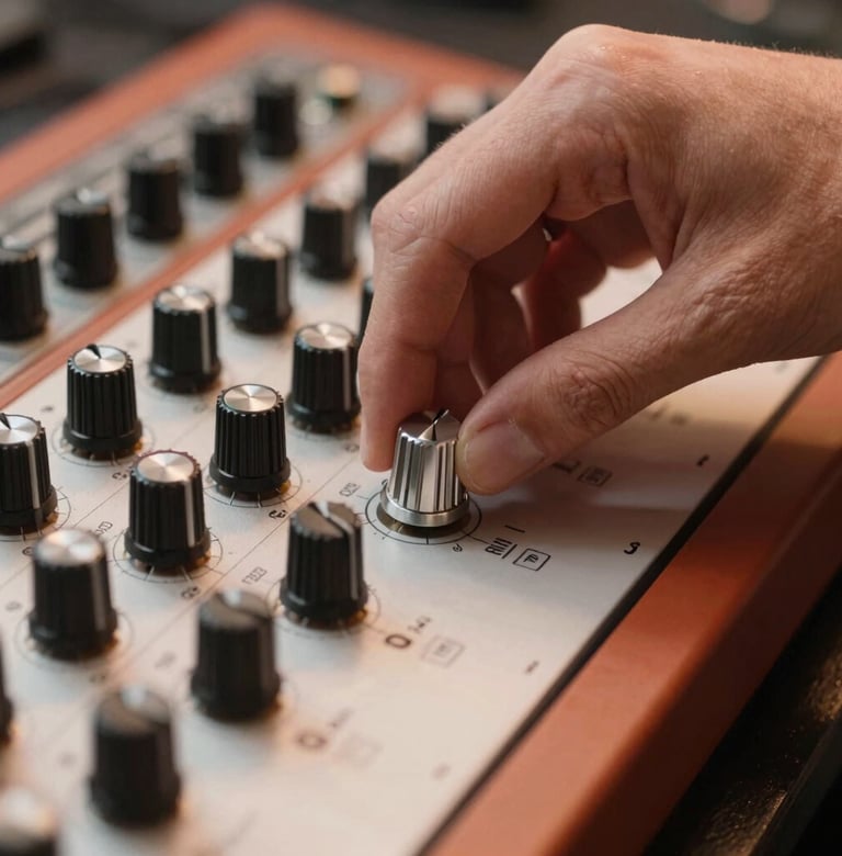Detailed close-up of a hand adjusting a silver knob on a boutique analog synthesizer. The scene is bathed in warm terracotta lighting, highlighting the premium craftsmanship of the musical gear.