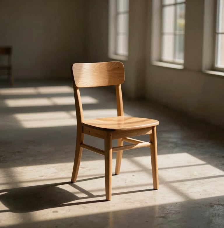 Cinematic shot of a single wooden chair (#6F604F) sitting in a sun-drenched hallway. Golden hour light creates long shadows in #262626 across the #F5F0E1 floor.