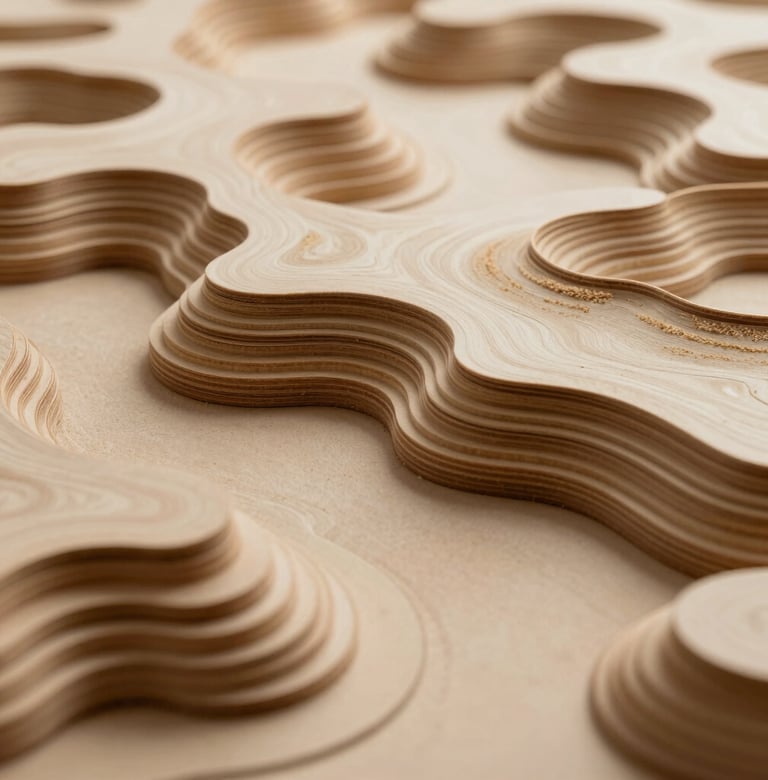 Macro photography of a physical topographic model made of layered plywood, representing complex land contours, architectural studio lighting with warm sand beige highlights.