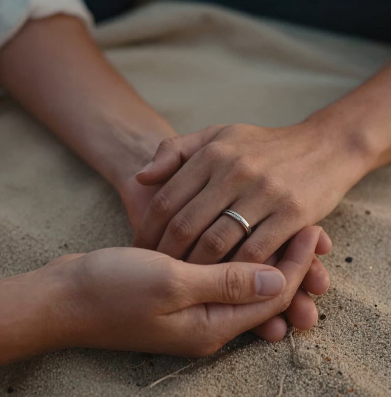 A detailed close-up of two hands holding, one with a wedding band, resting on a soft sand colored blanket. Warm, cinematic lighting with terracotta highlights, shot in a North American / US outdoor setting.