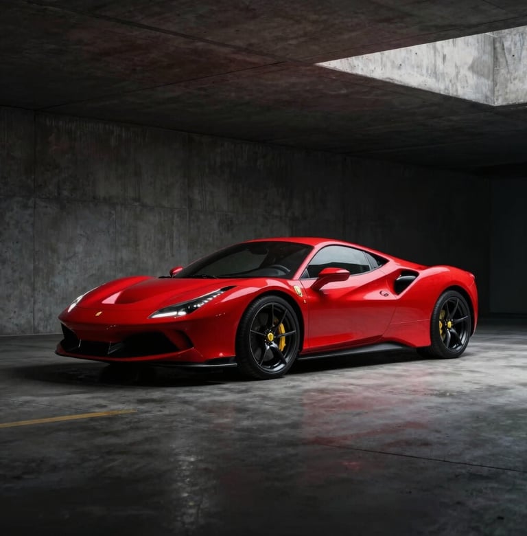A sleek red high-performance sports car parked in a dark, minimalist concrete garage in a North American setting, dramatic red side-lighting highlighting the curved body against deep black shadows.