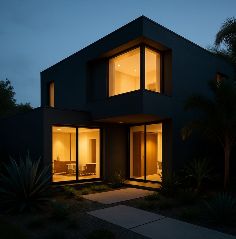 Wide shot of a contemporary house at dusk, glowing warm interior lights contrasting with deep charcoal exterior walls, minimalist garden with tropical plants, sophisticated mood.