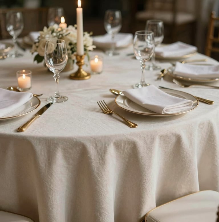 Detail shot of high-end event decor, soft gold accents on off-white linens, candlelight, Southern European setting, cinematic photography with deep shadows.