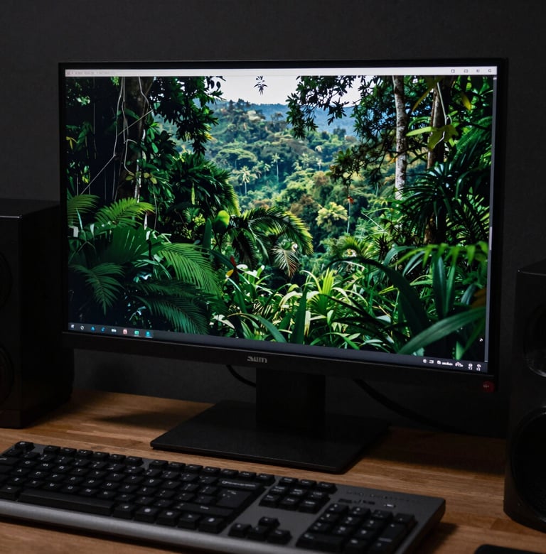 Professional filmmaker in a South American / Brazilian editing suite, focused on a monitor showing a lush green landscape, lighting is dramatic and elegant with dark forest green shadows.