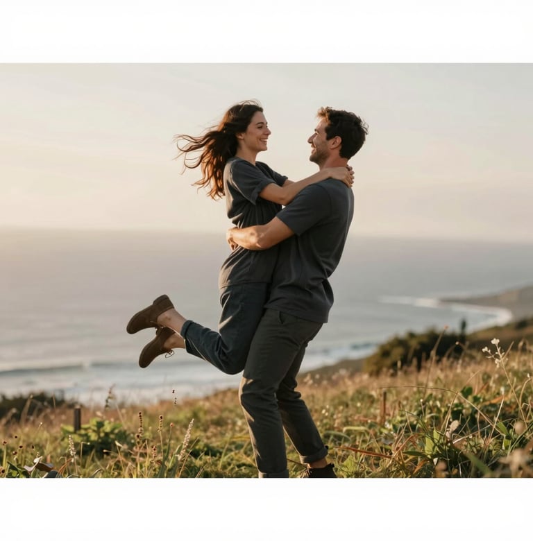 A medium shot of a man lifting a woman in a playful spin on top of a grassy hill. The background shows a soft, out-of-focus coastline. The lighting is bright and warm, emphasizing the joyful, candid expression. Colors include Charcoal (#333333) and Soft Sand (#F8F0E3).
