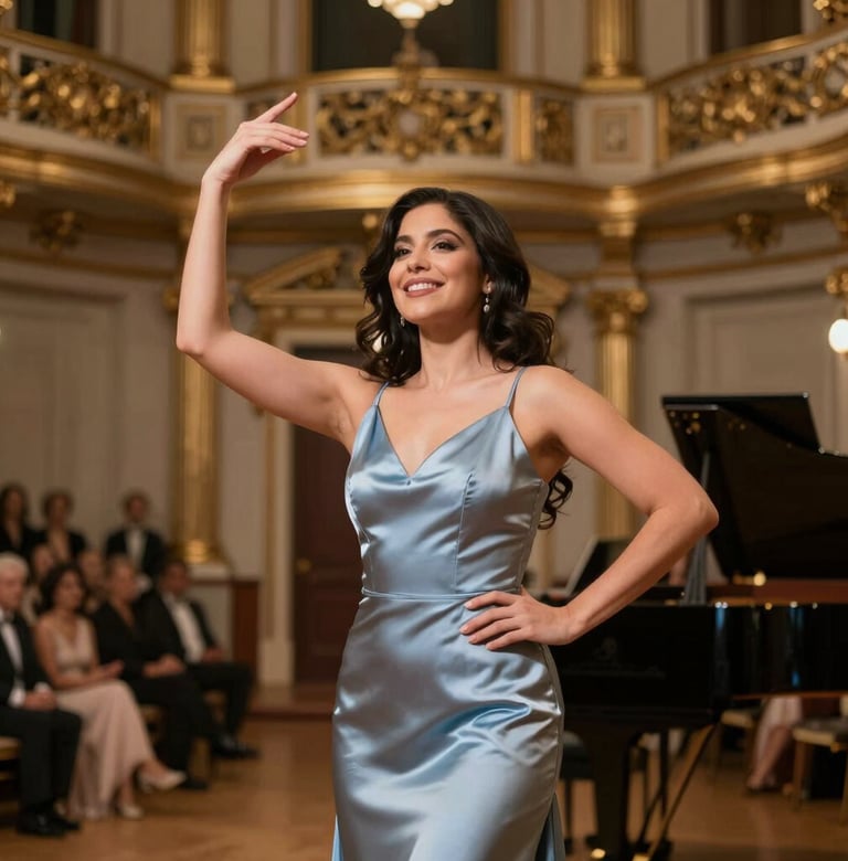 Maylin Cruz in a silk #C8B8B8 gown performing a recital in a Baroque hall with gold leaf details, soft focus on the audience in the background, elegant and professional.